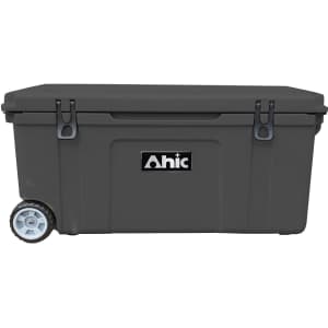 A grey cooler box with wheels and a handle, featuring a logo on the front.