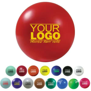 A red 50mm ball-shaped stress reliever with a logo, alongside various coloured stress balls in a lineup.