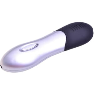 A silver and black laser pointer flash drive with a sleek design and a small logo on its surface.