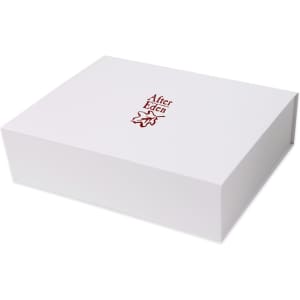 A white foldable magnetic box with a logo on the lid, featuring a simple and elegant design.
