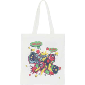 A white cotton bag with a colourful graphic design and long handles, featuring playful illustrations and text.