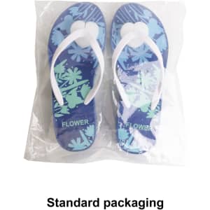 Rubber platform thongs featuring a floral pattern in shades of blue and white, packaged in clear plastic.