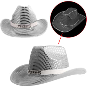 A light-up sequin cowboy hat in silver with a decorative band and a logo.
