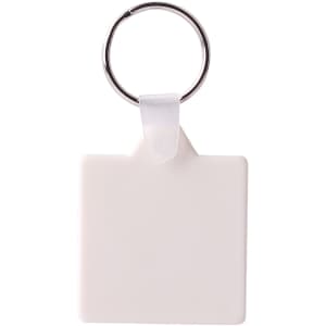 A square hard plastic keyring in white attached to a silver metal ring.