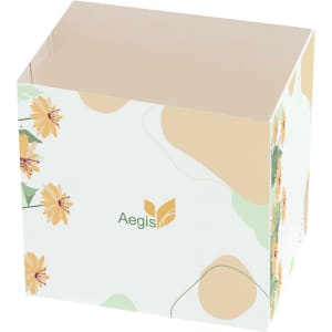 A custom packaging sleeve in pastel colours with floral designs and a logo on the side.