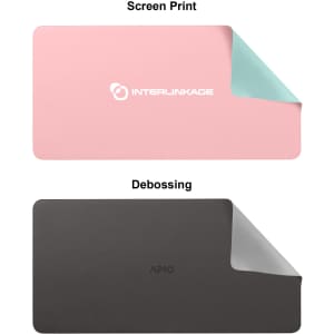 A pink and grey PU leather desk mat with a logo, featuring a smooth, sleek design.