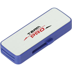 A blue and silver sliding flash drive with a logo on the surface.