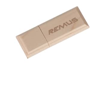A wooden flash drive in a light colour with a logo on the surface, featuring a sleek rectangular design.