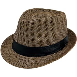 A straw hat in a natural brown colour with a black ribbon around the base. The hat has a classic fedora shape.