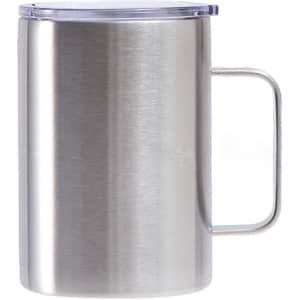 A stainless steel cup with a handle and a clear lid, featuring a brushed finish. It has a sleek, modern design.