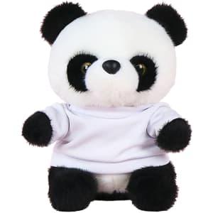 A black and white panda plush toy wearing a plain white T-shirt, featuring large eyes and a soft, cuddly appearance.