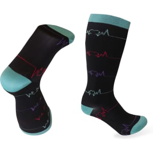Plus size compression socks in black with teal cuffs, featuring heart rate line patterns in purple and red.