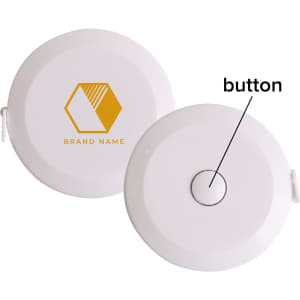 A 1.5m round tape measure in white featuring a logo and a button for retraction.
