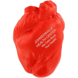 A red heart-shaped stress reliever with a logo and text on its surface, designed as a keyring accessory.
