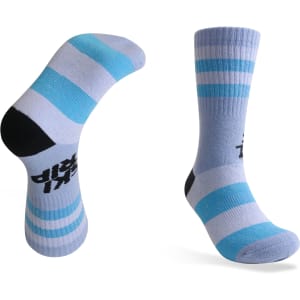Merino wool socks in light blue with darker blue and black stripes, featuring a logo.