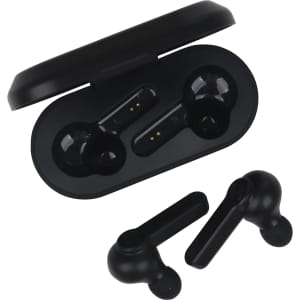 A pair of black true wireless earbuds with a charging case are displayed on a white background. The charging case is open.