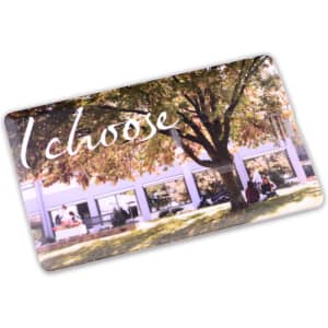 A credit card-sized flash drive featuring a photo of a tree and people sitting beneath it, with vibrant colours.