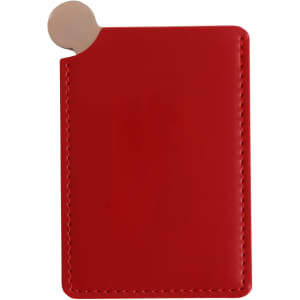 A red portable mirror with a smooth surface and a round thumb lift for easy access. Features a logo.