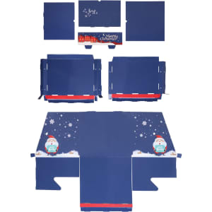 A set of blue festive display boxes featuring winter-themed graphics, including snowflakes and decorative elements.