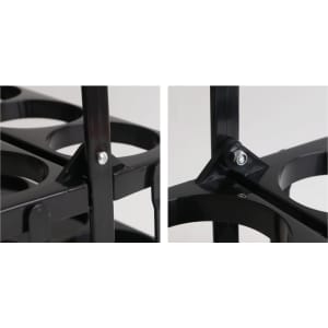 A foldable beer basket in black, featuring cup holders and metal fastenings for stability. It has a sleek design and a logo.