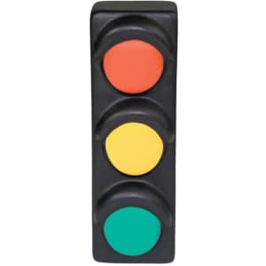 A traffic light shaped stress reliever in red, yellow, green, and black. It has a rounded design and a smooth finish.