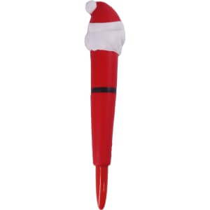 A red pen topped with a Santa hat, featuring a black band and a smooth tip for writing.
