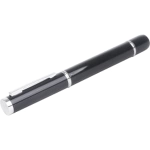 A black USB memory pen featuring a sleek design and silver accents, with a clip for secure attachment.