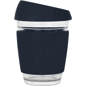 A drink bottle in dark navy with a transparent base and a tapered lid. Features a silicone grip and branding.