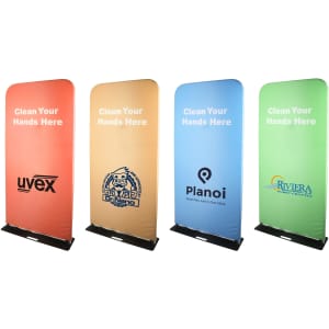 Four promotional banners in orange, blue, and green colours, featuring various logos and the phrase "Clean Your Hands Here".