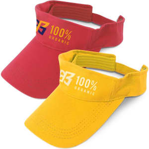 A red and a yellow sport visor featuring logos, designed for headwear. Both visors have an adjustable band.