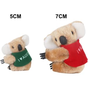 Two plush koala toys in green and red vests, measuring 5cm and 7cm, featuring clip-on backs.