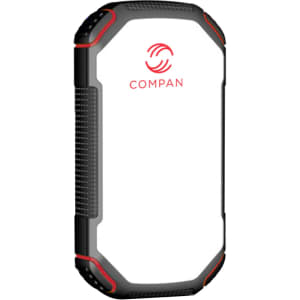 A rugged black and white power bank with red accents and a logo, designed for outdoor use.