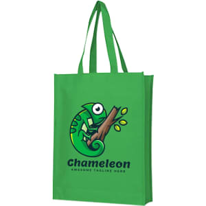 A green non-woven bag featuring a logo with a chameleon design on a branch. It has large gussets for added capacity.