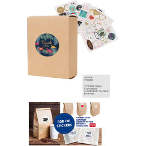 A small square gift box in kraft paper with a circular logo and colourful stickers included for decoration.