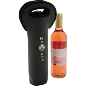 A drink bottle cooler in black neoprene beside a bottle of rosé wine. The cooler has a logo on it.