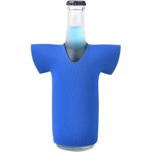 A drink bottle wrapped in a blue stubby cooler, designed like a T-shirt, with a bottle cap visible on top.