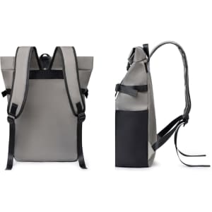 A grey multi-pocket roll top backpack with black accents, featuring adjustable straps and a logo.
