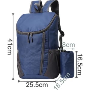 A blue and grey packable travel backpack with dimensions indicated, featuring a drawstring pouch attached.