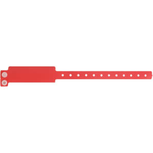 A red disposable PVC wristband with a smooth surface and holes for fitting adjustments. Features a logo on one end.