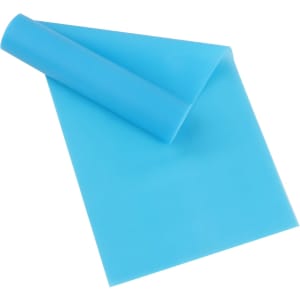 A blue latex-free TPE fitness resistance band, rolled and flat, designed for exercise and stretching.