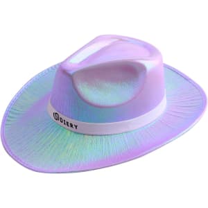 An iridescent cowboy hat in shades of pink and purple, featuring a white band and a logo.