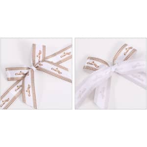 Two adhesive ribbon bows, one in brown and white gingham and the other in white, both featuring a logo.