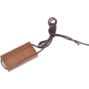 A wooden flash drive with a brown finish, featuring a looped string for easy carrying.