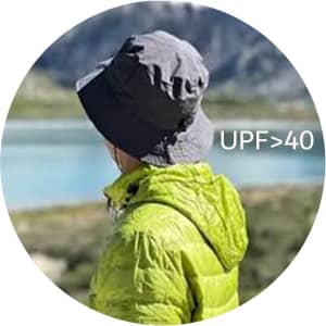 A grey foldable bucket hat is worn by a person in a green jacket, with a scenic landscape in the background.
