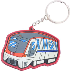 A custom-shaped PVC keyring featuring a colourful train design with a silver keychain attachment.