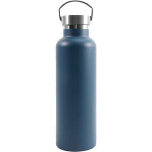A drink bottle made from recycled stainless steel, featuring a navy blue matte finish and a silver lid with a handle.