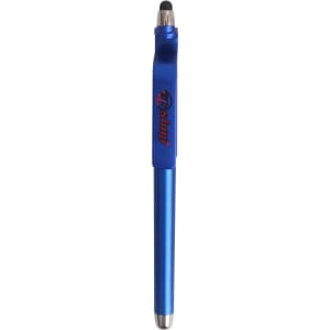 A blue stylus ball pen with a mobile holder and a logo, designed for writing and touch screen use.