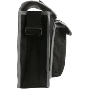 A portable tool bag in black with grey accents, featuring a sturdy strap and open top design.