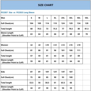 A size chart featuring measurements for unisex long sleeve jerseys, including chest and sleeve lengths for men, women, and kids.