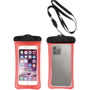 A waterproof cellphone dry bag in bright red, featuring a clear front and back, with a strap for carrying.